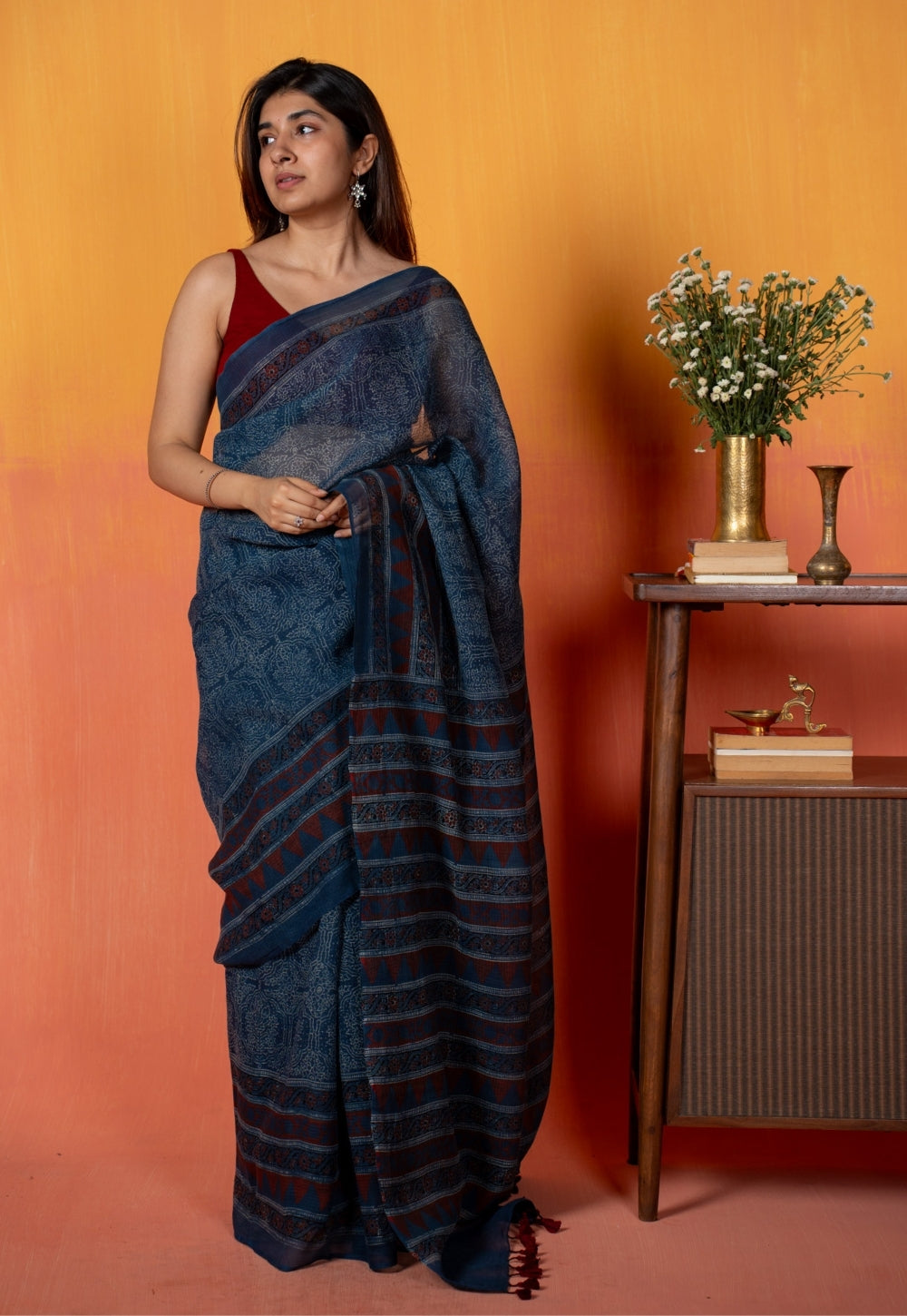 Blue Traditional Ajrakh Hand Block Print Kota Doria Cotton Saree