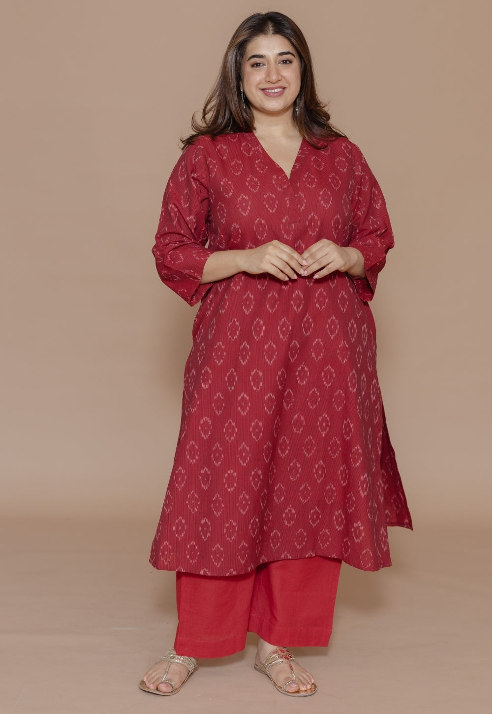 Avika Red Handloom Ikkat Cotton Straight Kurta