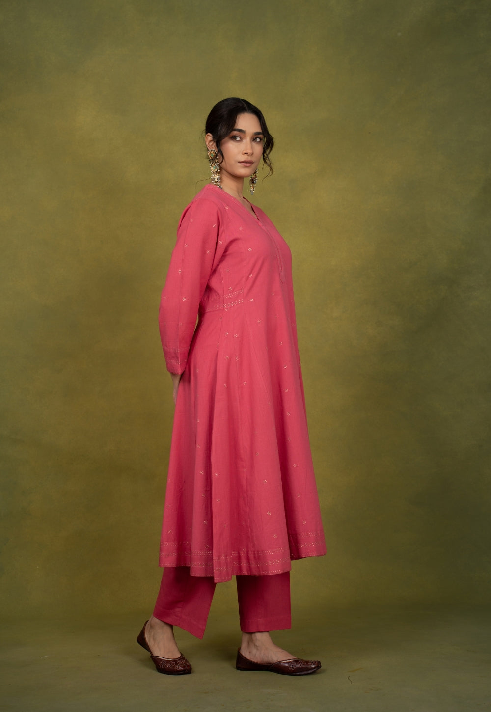 Sadia Pink Rogan Handblock Printed Cotton Kali Kurta Suit Set (Set of 3)