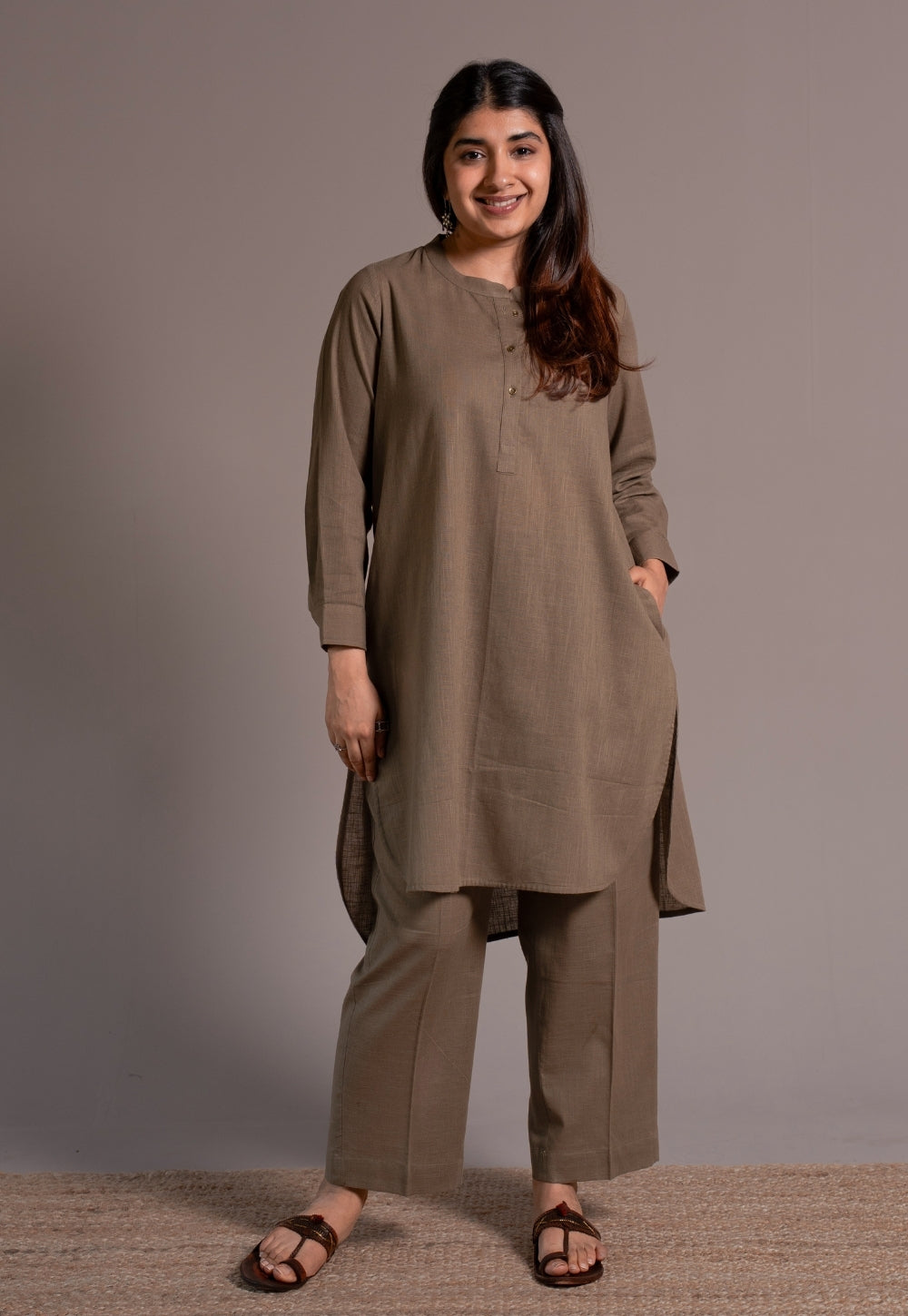 Khaki Grey Solid Slub Cotton Straight Kurta - DyeVerse