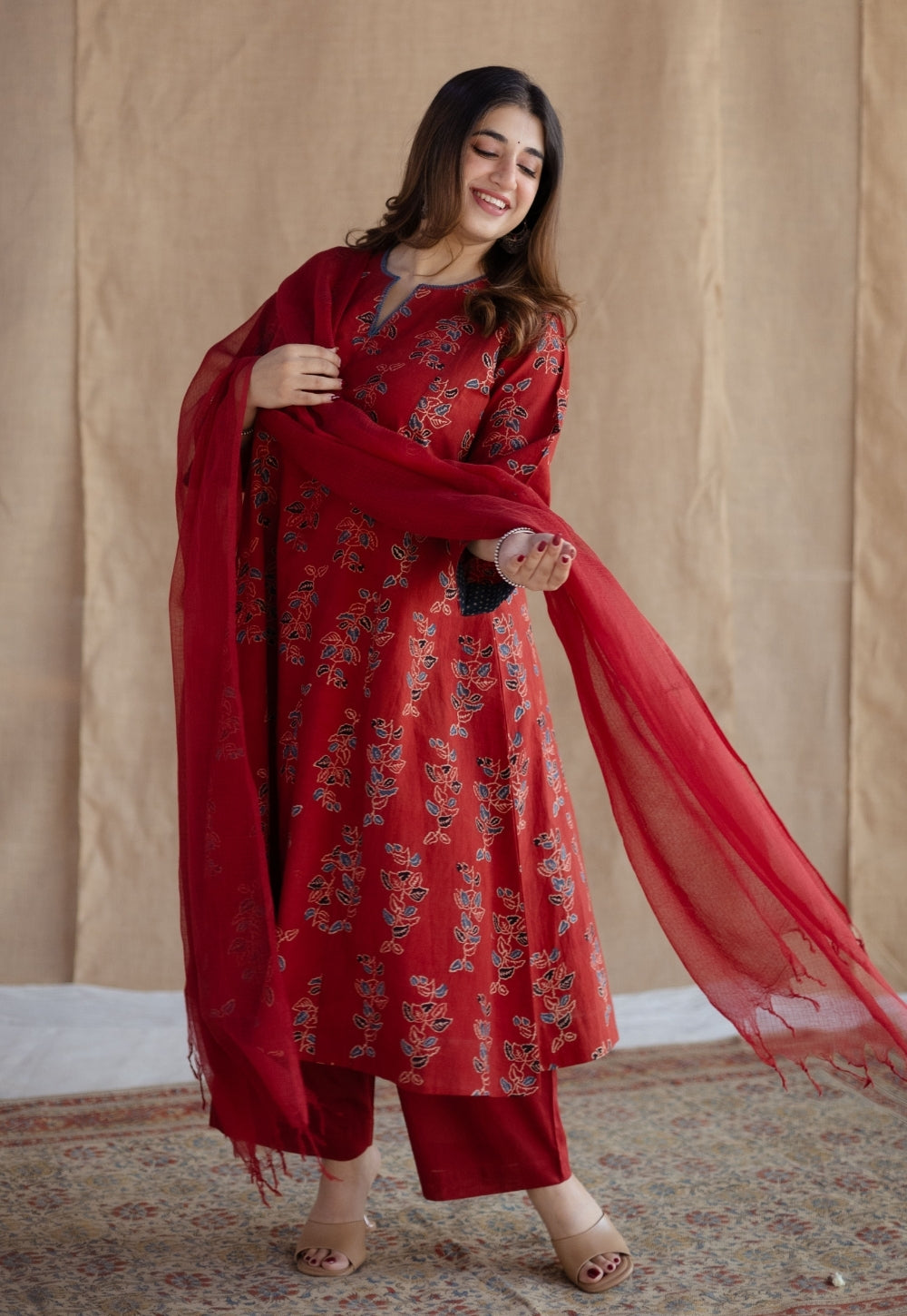 Malika Red Ajrakh Cotton Kali Kurta with Hand Embroidery