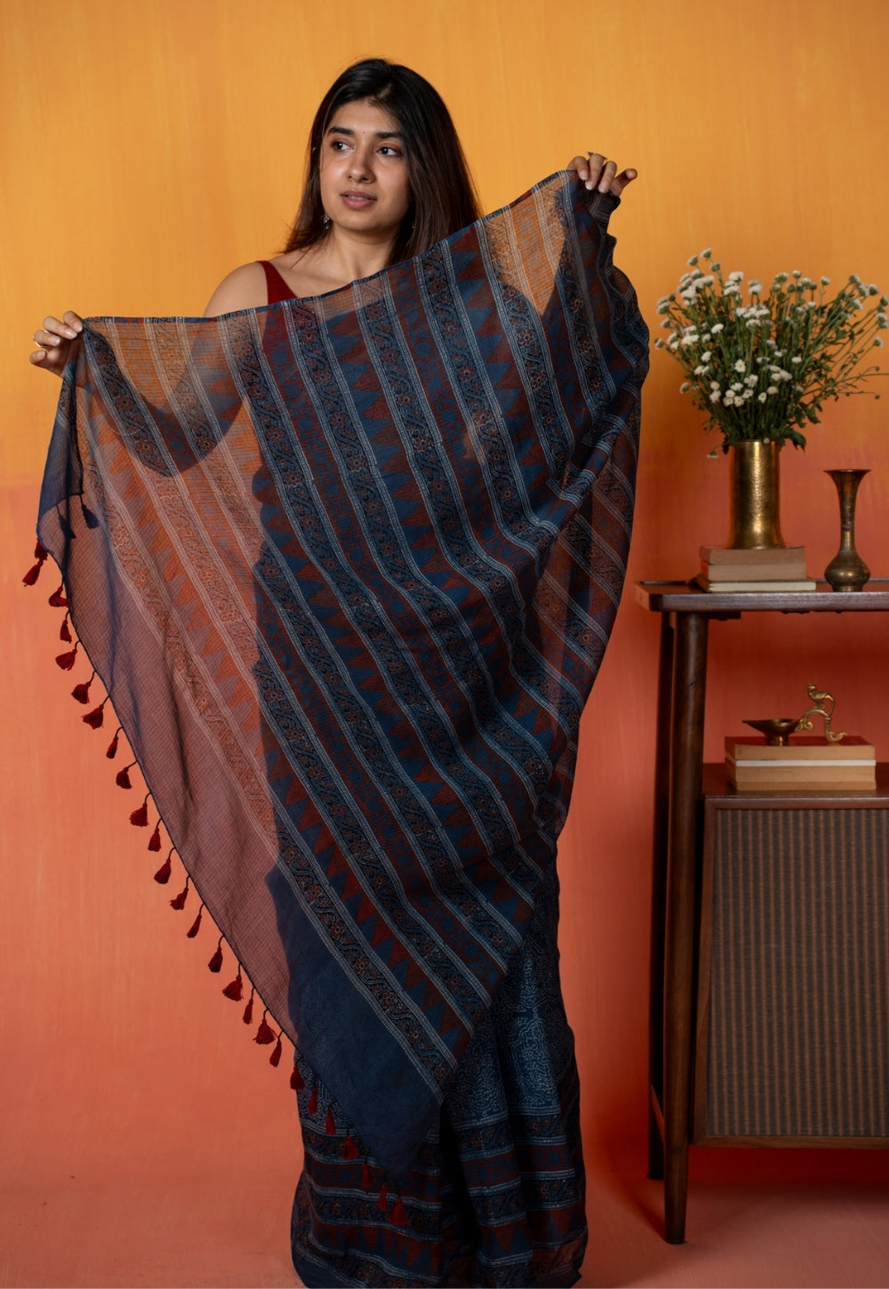 Blue Traditional Ajrakh Hand Block Print Kota Doria Cotton Saree