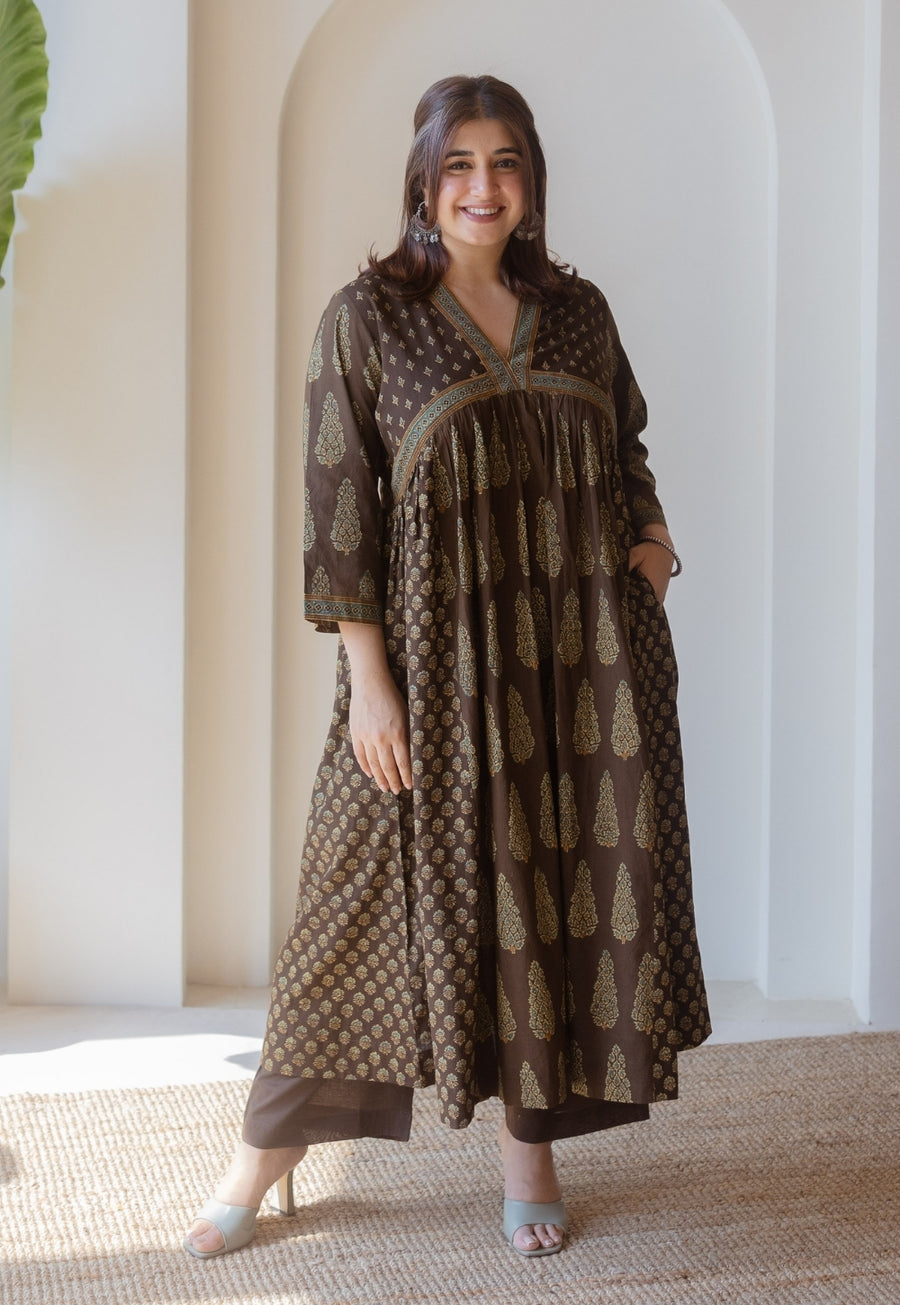 Maheen Brown Ajrakh Cotton A Line Kurta