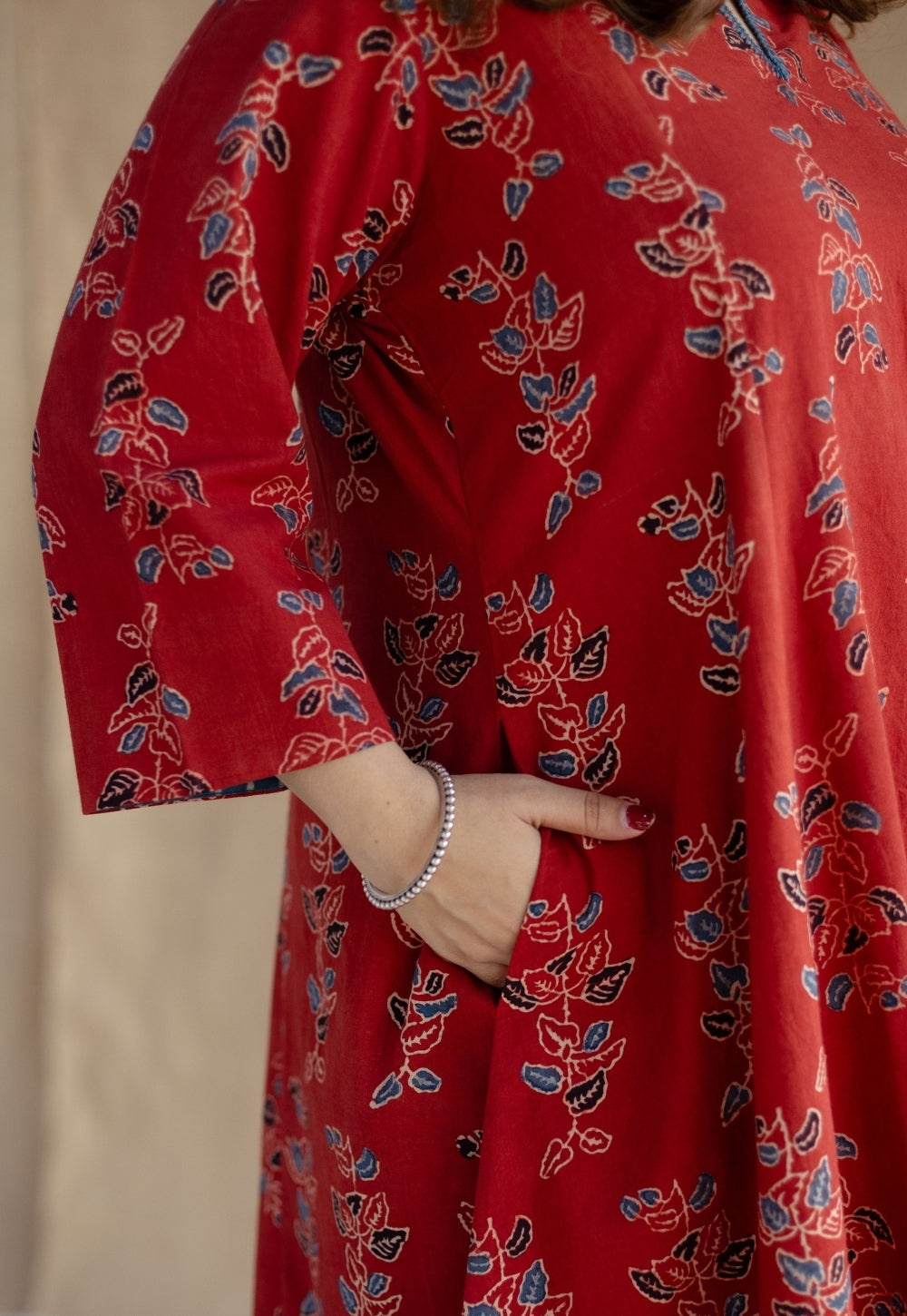 Malika Red Ajrakh Cotton Kali Kurta with Hand Embroidery