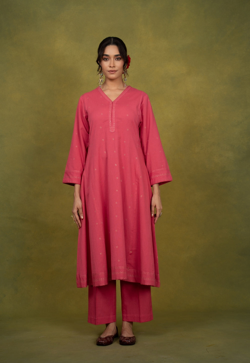 Sadia Pink Rogan Handblock Printed Cotton Kali Kurta Suit Set (Set of 3)