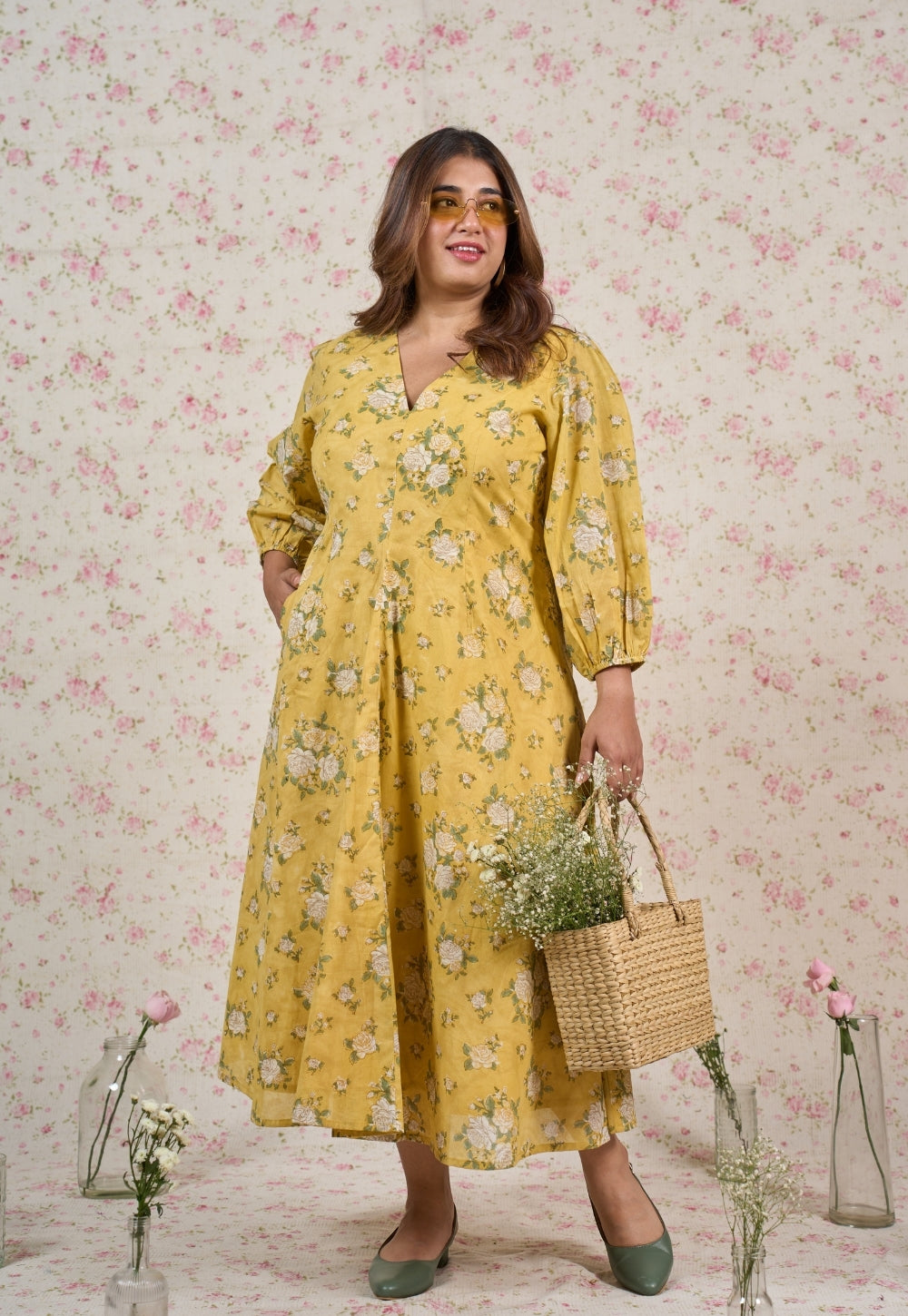 Hazel Yellow Sanganeri Mul Cotton A Line Dress