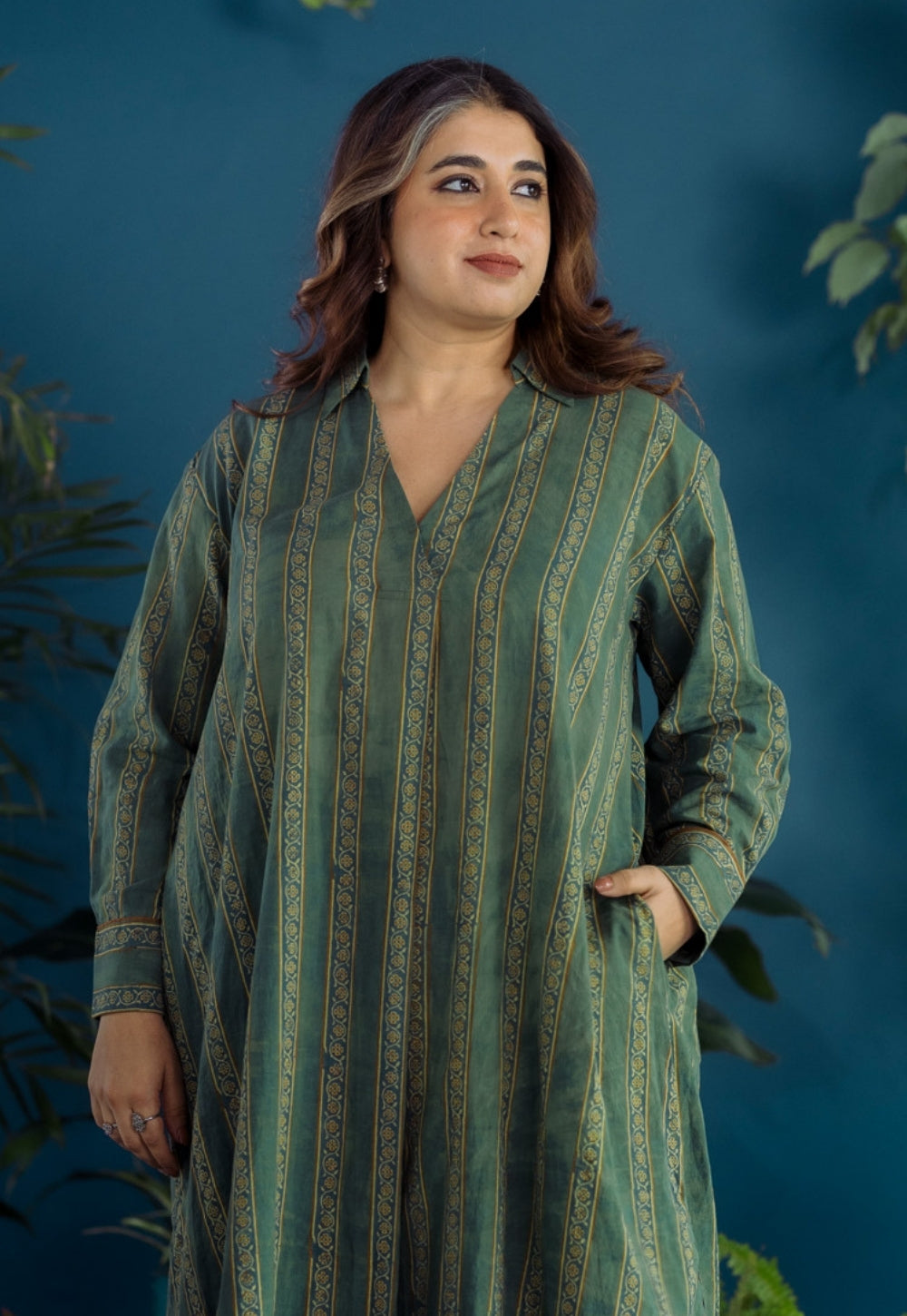 Tejshri Green Ajrakh Cotton A Line Kurta