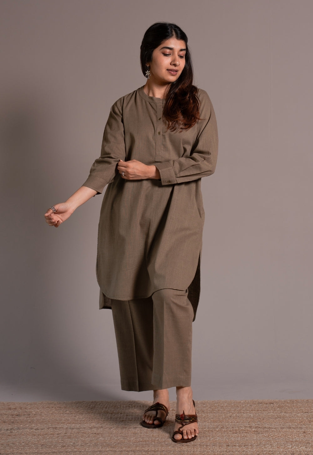 Khaki Grey Solid Slub Cotton Straight Kurta - DyeVerse