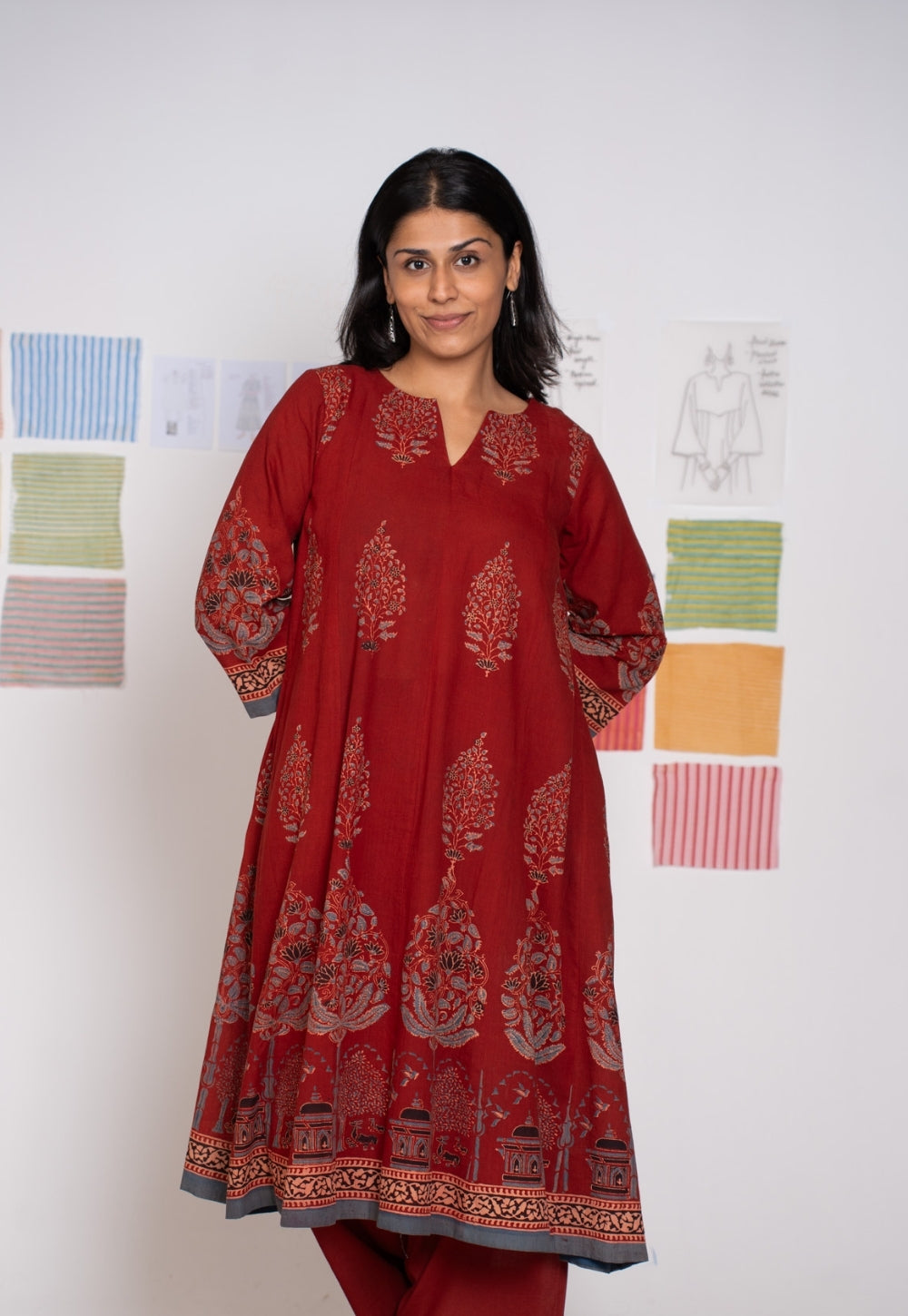 Prisha Red Ajrakh Cotton Kali Kurta