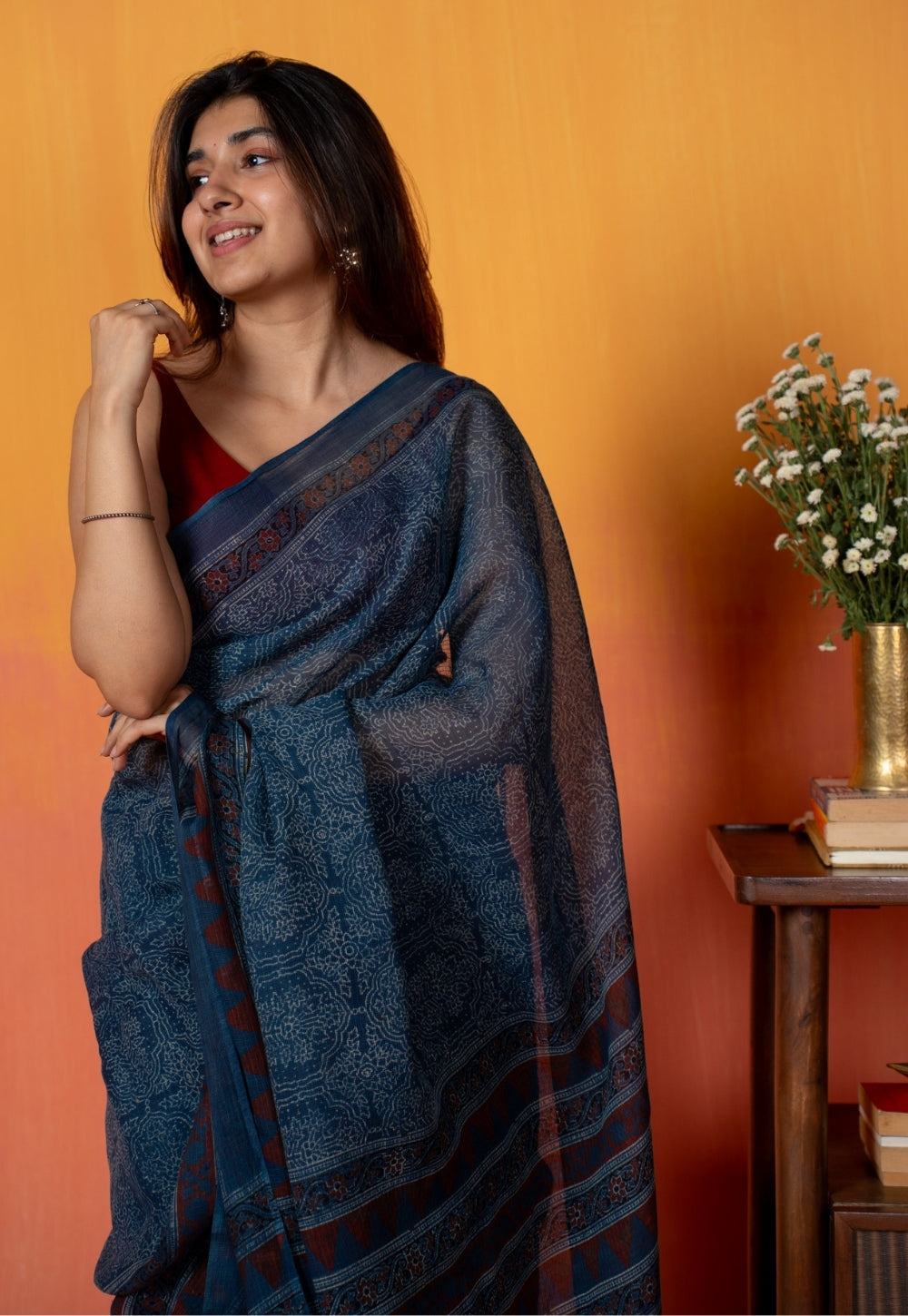 Blue Traditional Ajrakh Hand Block Print Kota Doria Cotton Saree