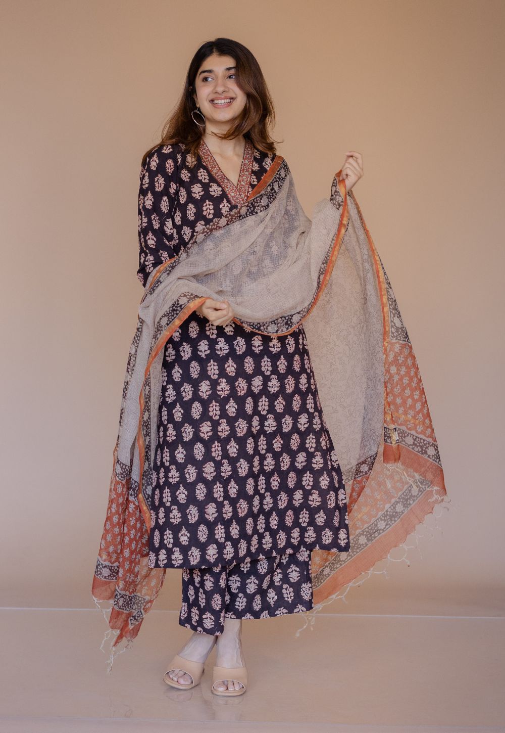 Shanza Black Bagru Cotton Straight Co-Ord Set with Embroidery