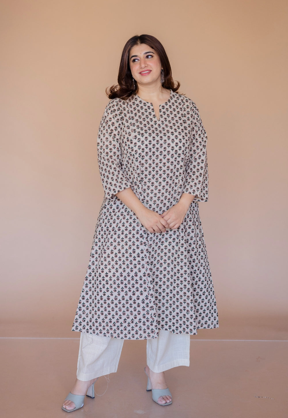 Malika Off White Bagru Cotton Kali Kurta