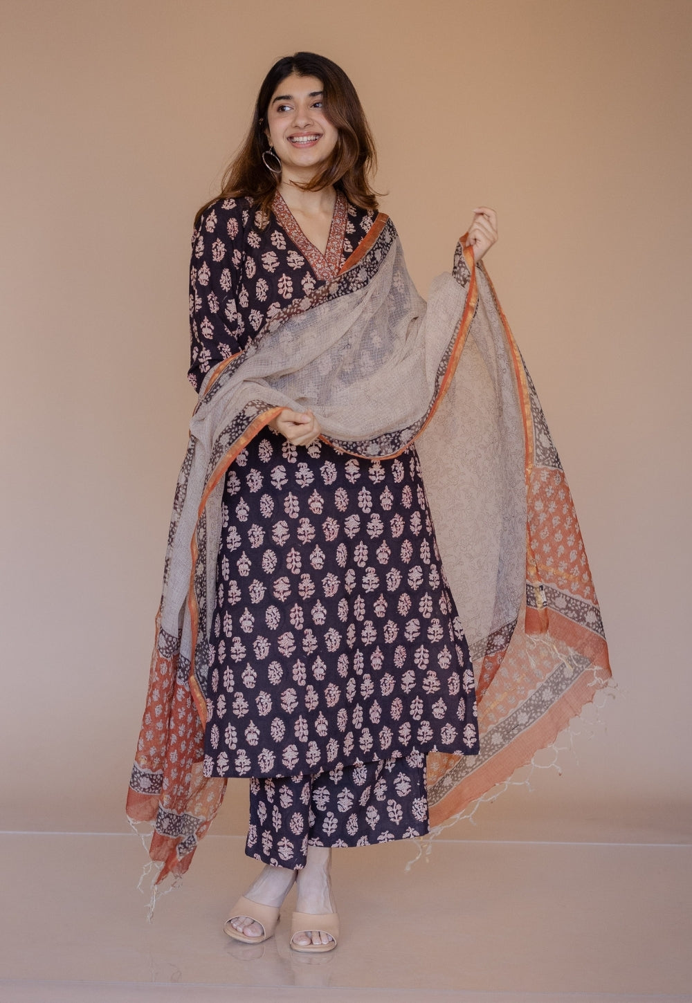 Shanza Black Bagru Cotton Straight Kurta with Embroidery