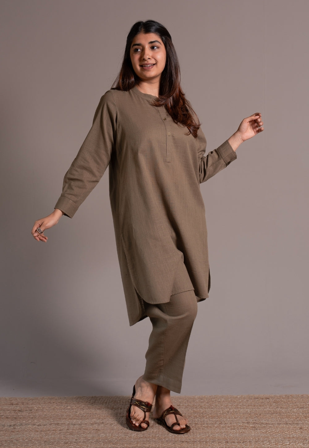 Khaki Grey Solid Slub Cotton Straight Kurta - DyeVerse
