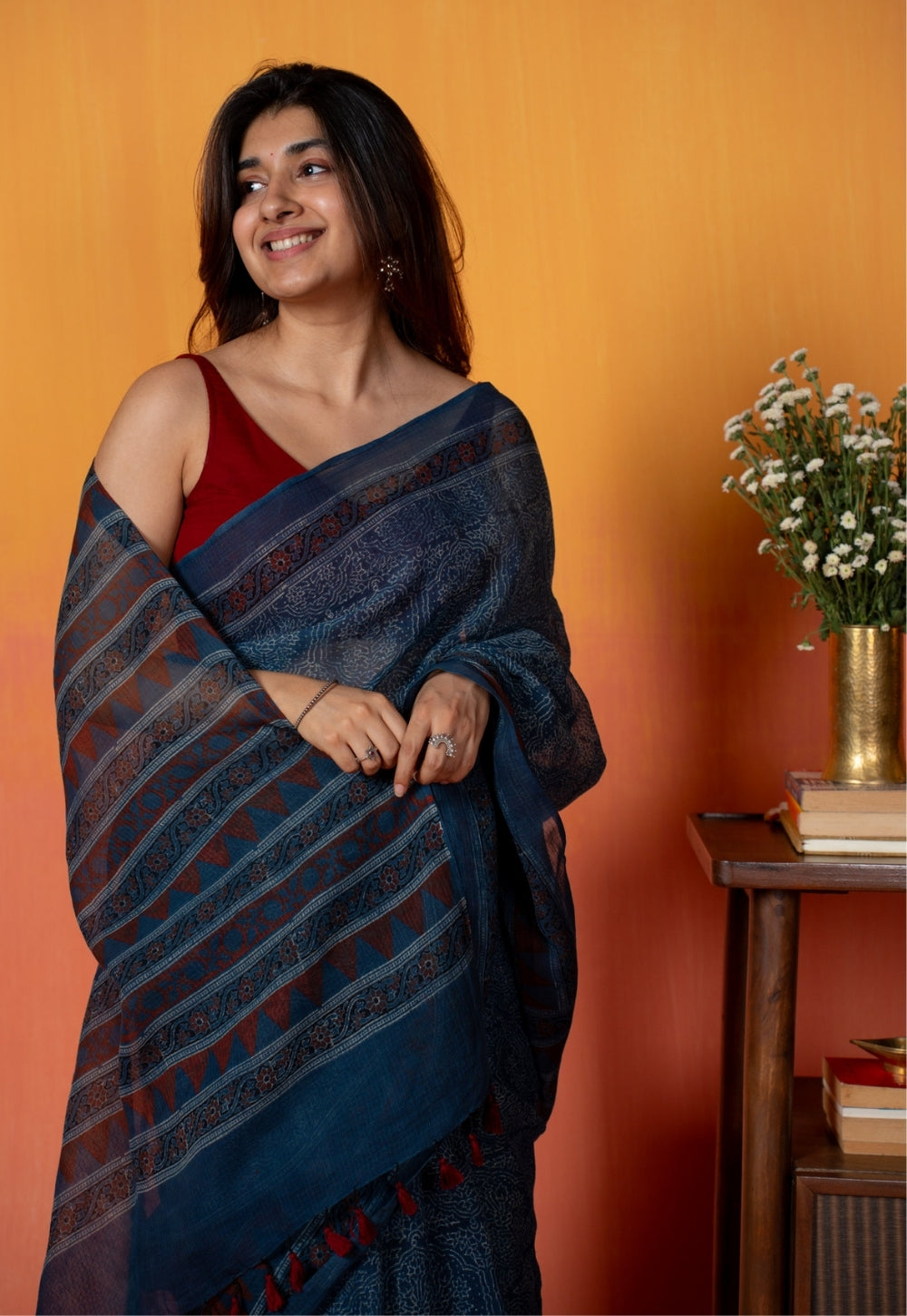 Blue Traditional Ajrakh Hand Block Print Kota Doria Cotton Saree