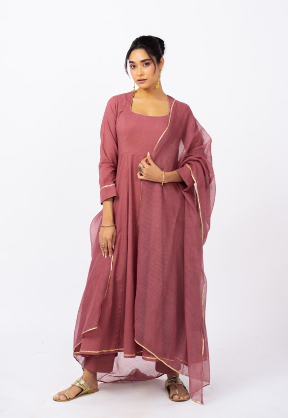 Kainat Pink Solid Cotton Kali Kurta Suit Set with Solid Dupatta (Set of 3)