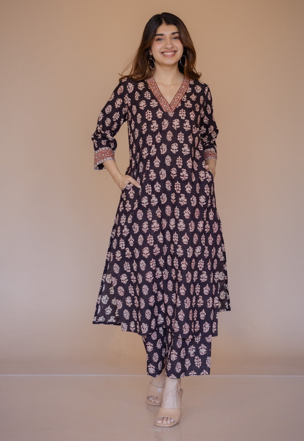 Shanza Black Bagru Cotton Straight Kurta with Embroidery