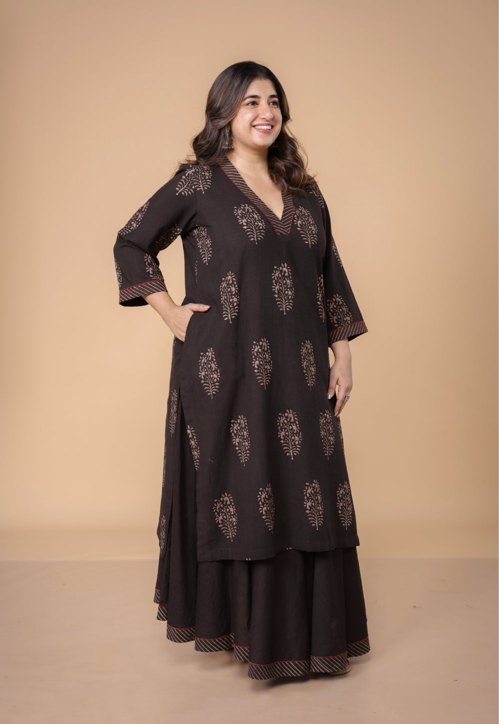 Zeenat Brown Dabu Slub Cotton Straight Kurta