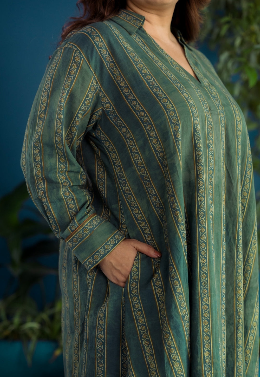 Tejshri Green Ajrakh Cotton A Line Kurta