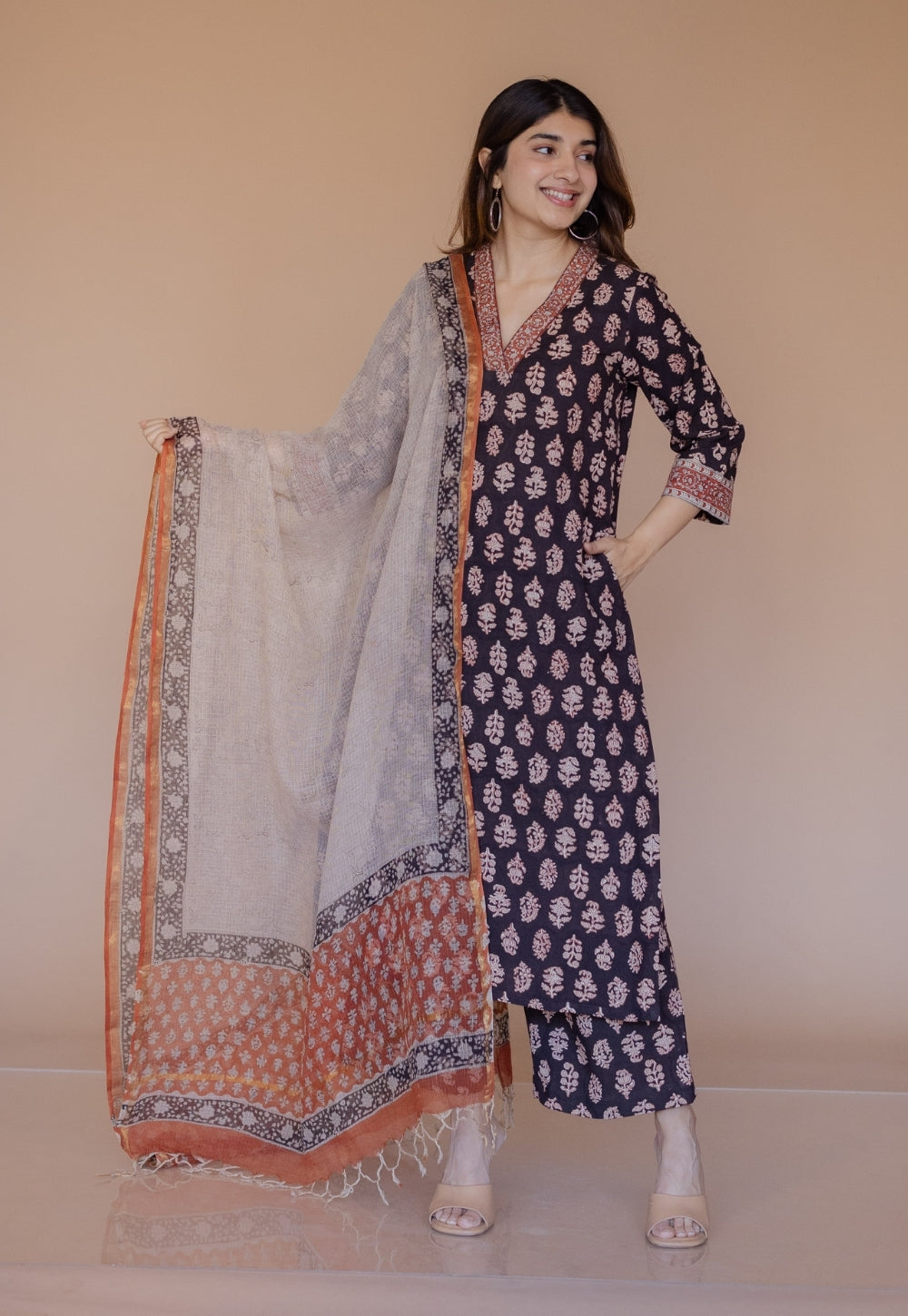 Shanza Black Bagru Cotton Straight Kurta with Embroidery