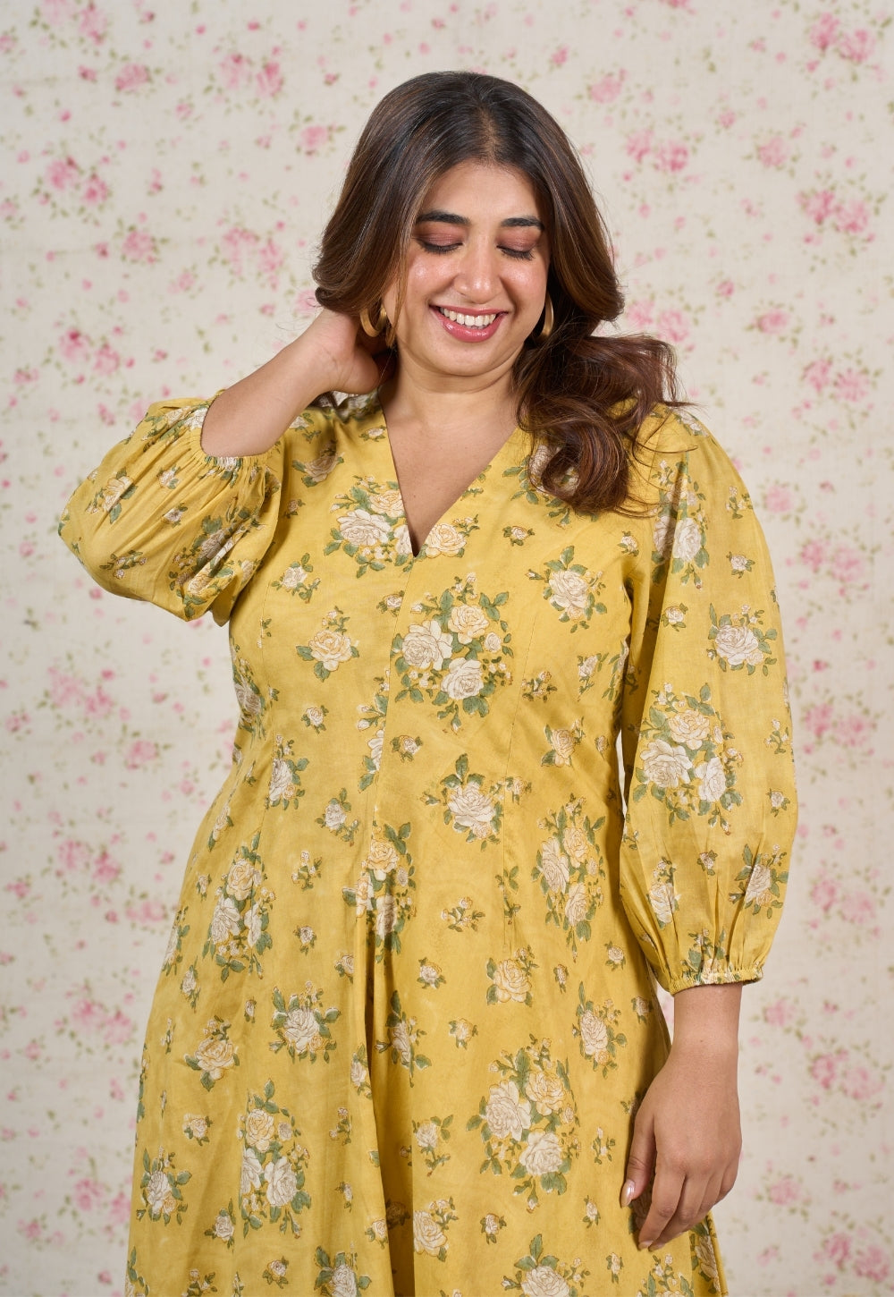 Hazel Yellow Sanganeri Mul Cotton A Line Dress