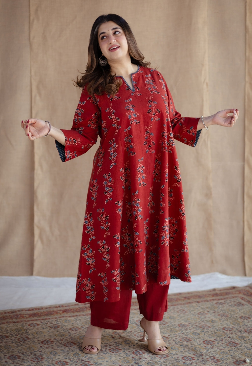 Malika Red Ajrakh Cotton Kali Kurta with Hand Embroidery