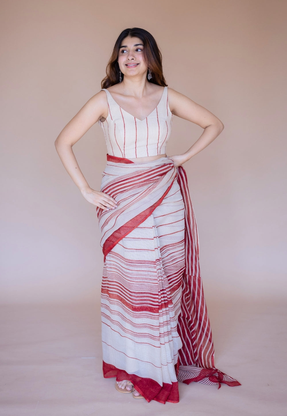 Off White Stripe Ajrakh Hand Block Print Kota Doria Cotton Saree