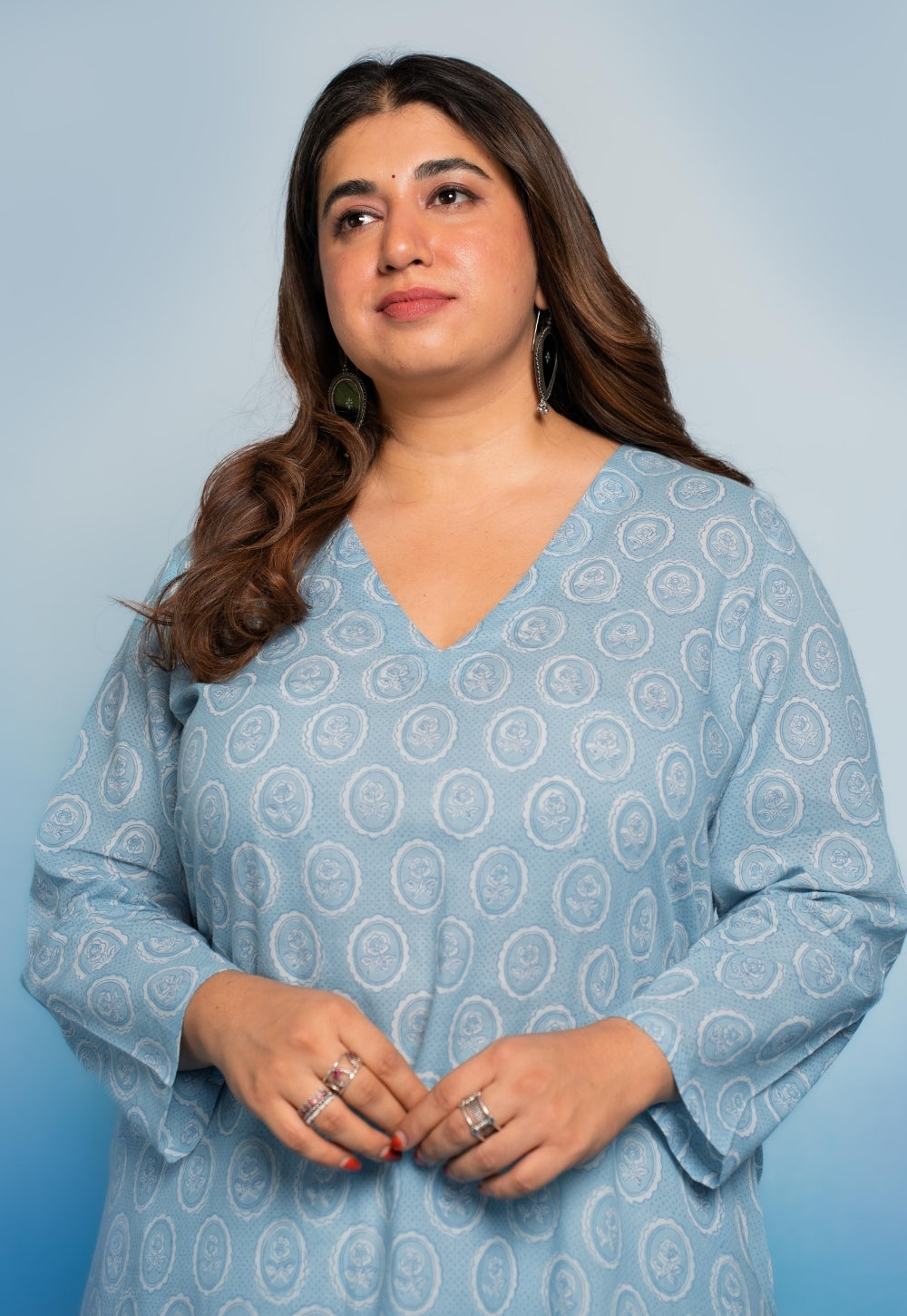 Rifaa Blue Dabu Mul Cotton A Line Kurta