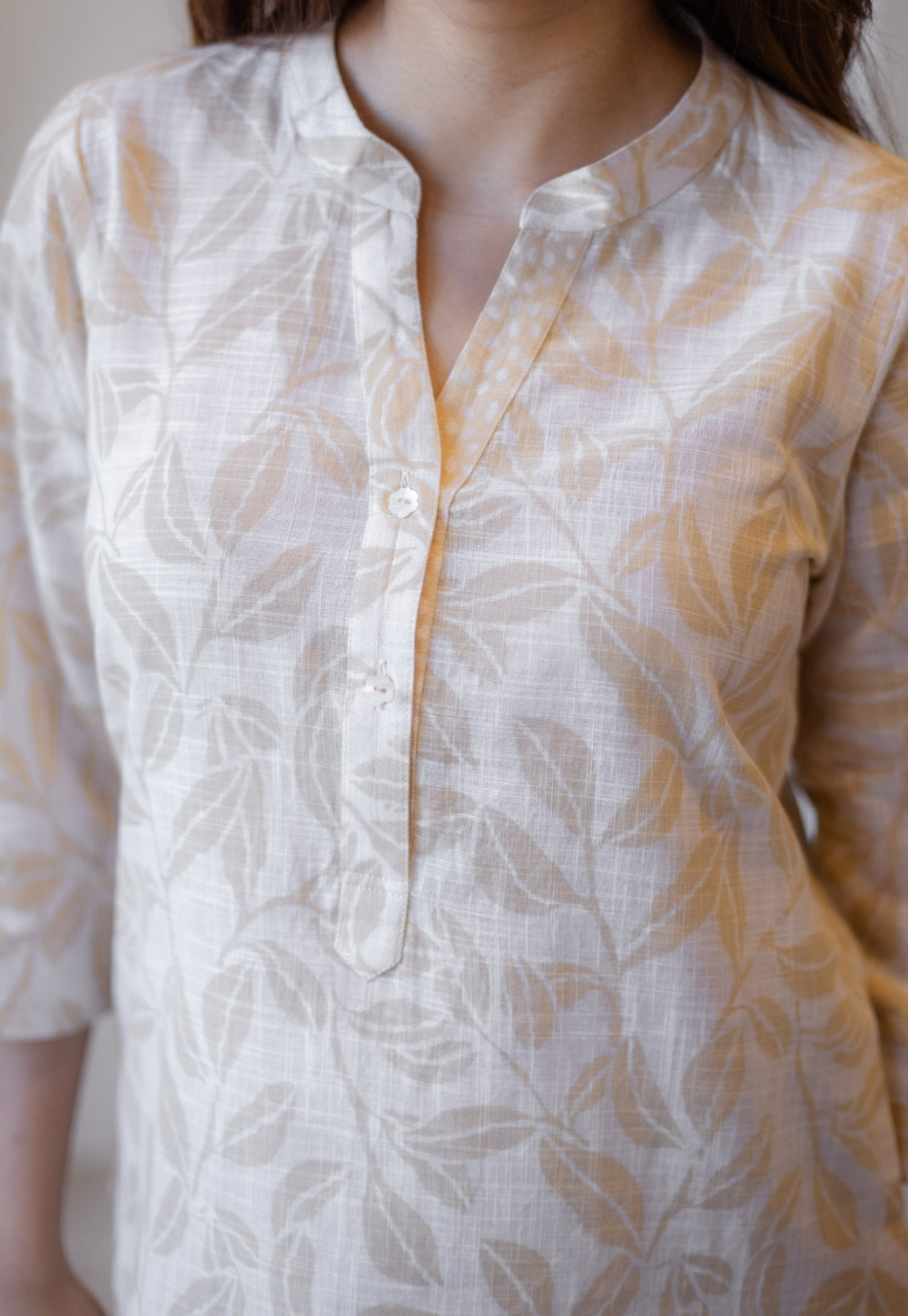 Zinia Beige Hand Block Print Slub Cotton Straight Short Top