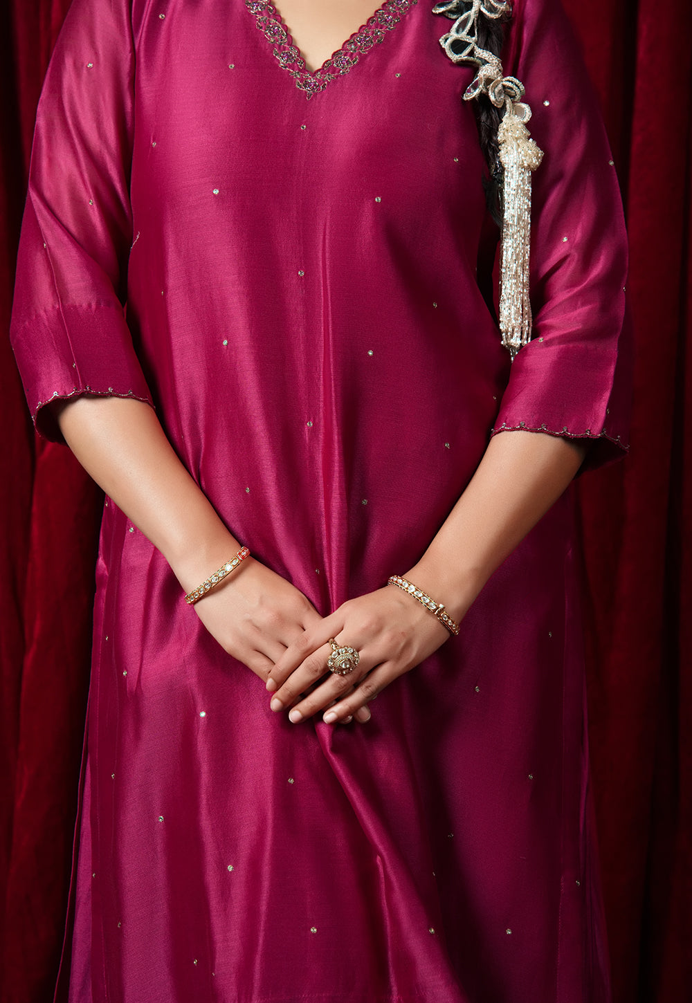 Avisha Pink Solid Chanderi Straight Kurta with Hand Embroidery