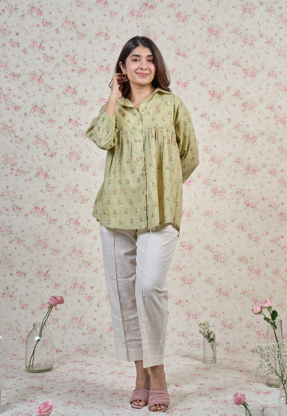 Enola Green Sanganeri Mul Cotton Straight Short Top