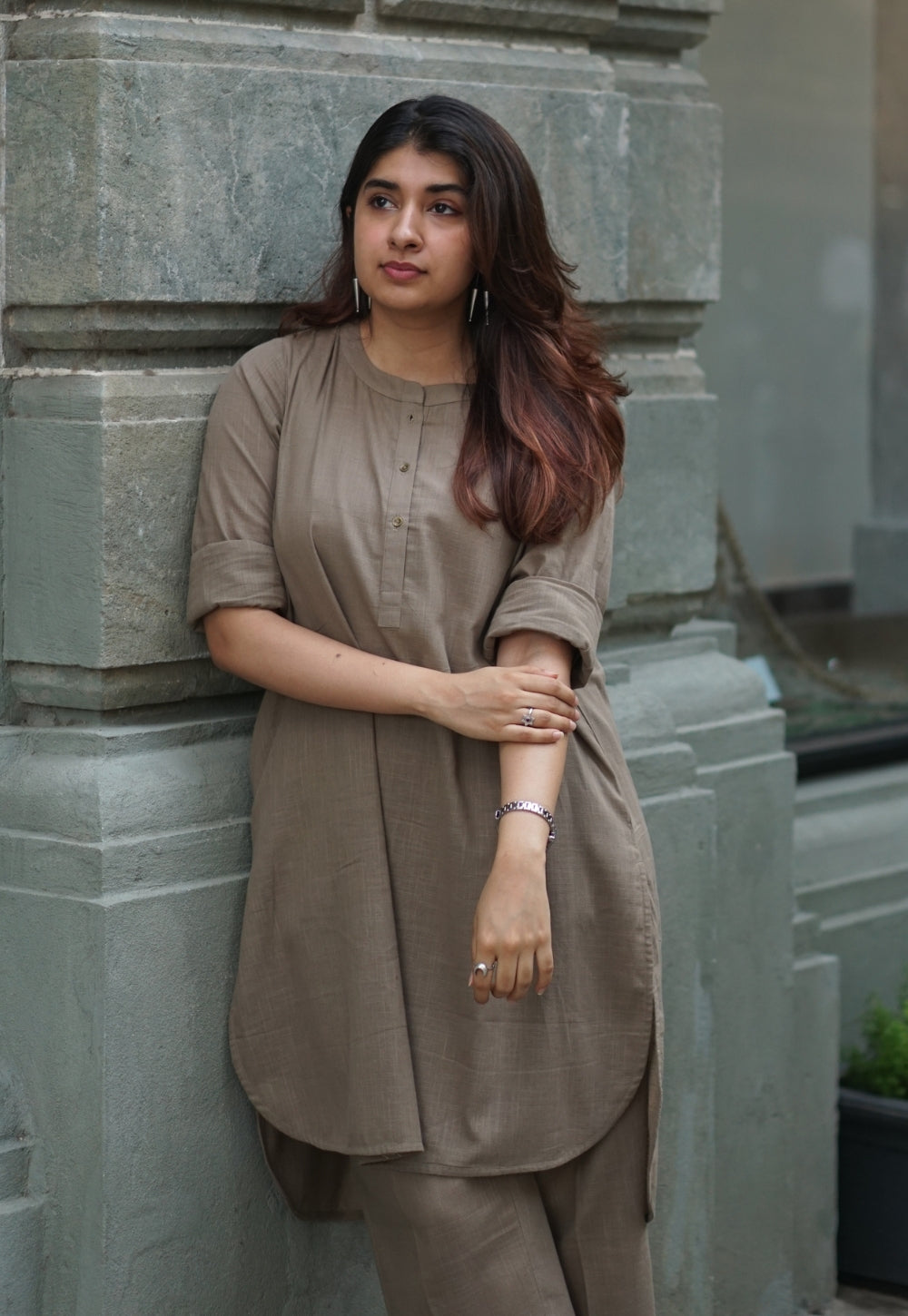 Khaki Grey Solid Slub Cotton Straight Co-Ord Set - DyeVerse