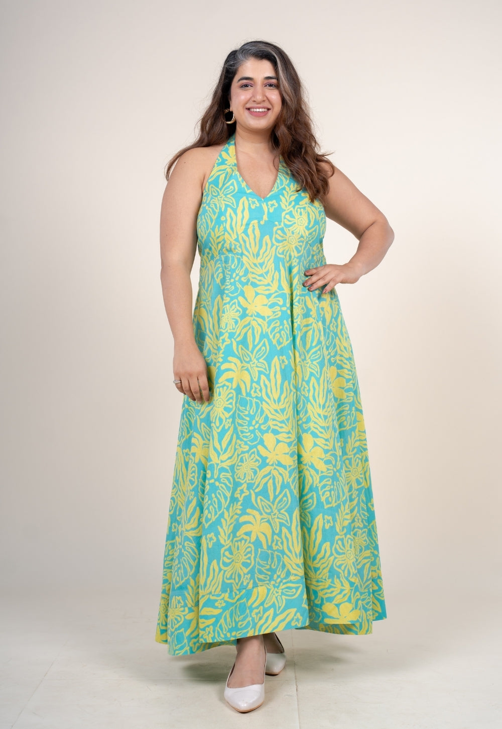 Mihira Blue Turquoise Printed Cotton A Line Dress
