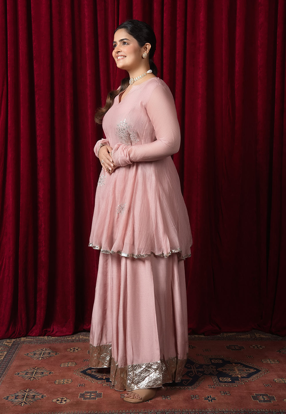 Manya Pink Solid Chanderi Silk Kali Kurta with Hand Embroidery