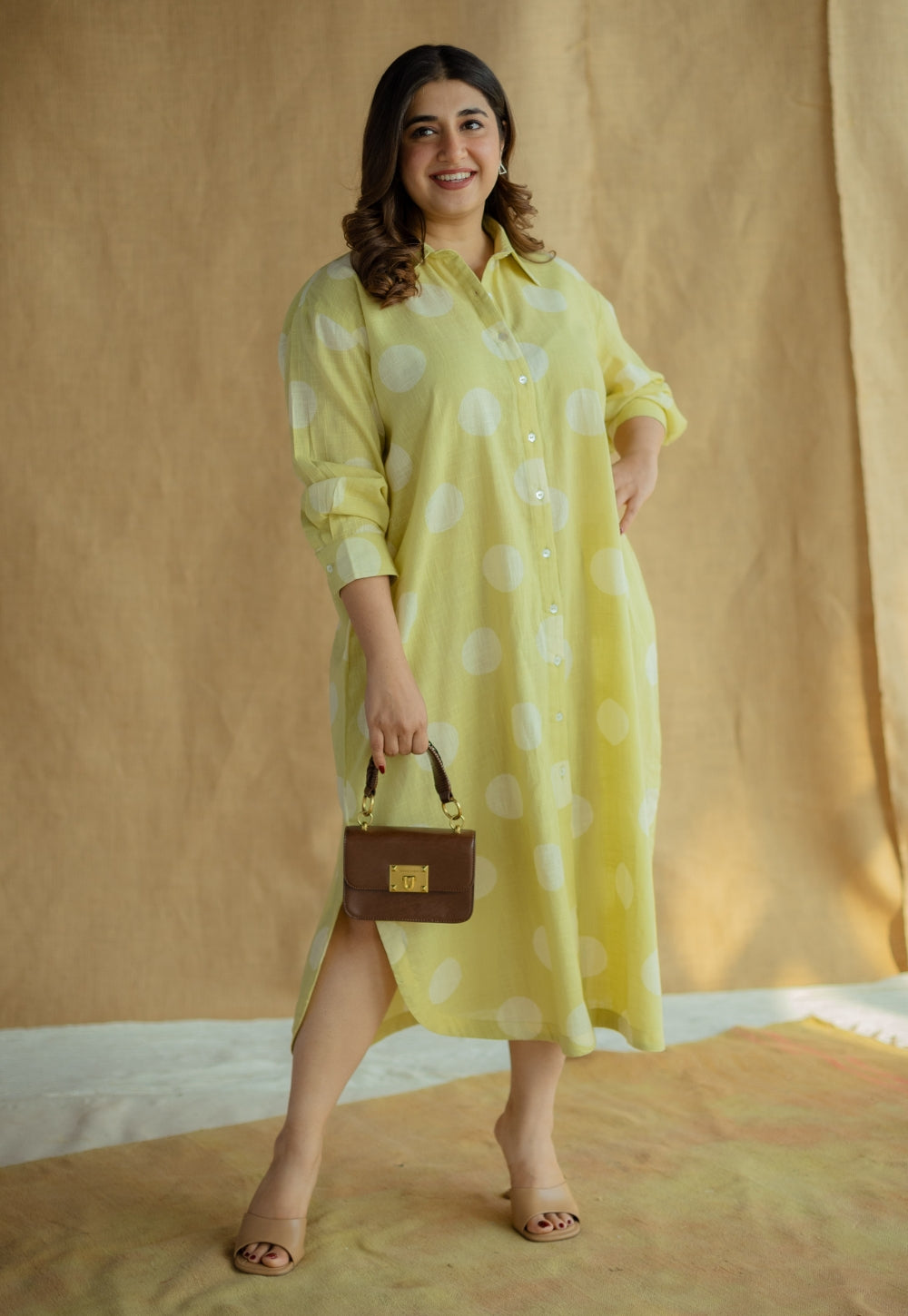 Samiyah Lime Green Hand Block Print Slub Cotton Shirt Dress