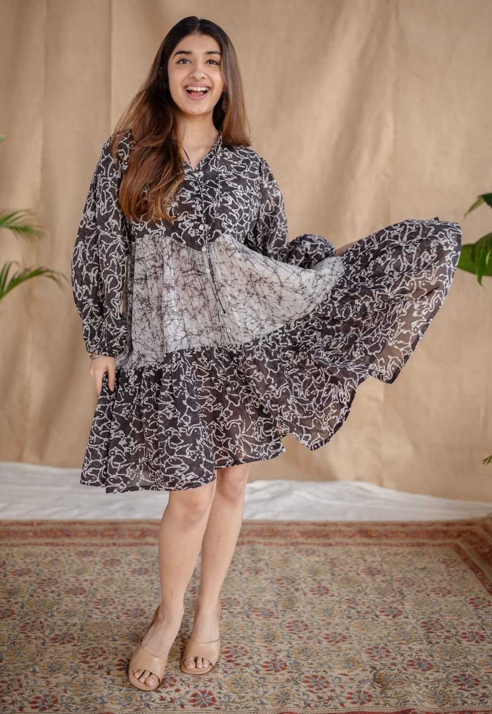 Yuvani Charcoal Batik MulMul Cotton Loose Dress with Slip