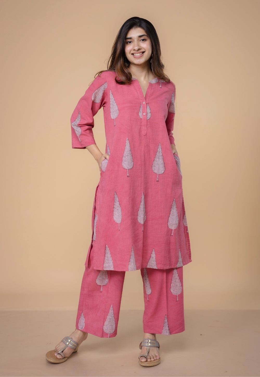 Nysa Pink Dabu Slub Cotton Straight Co-Ord Set