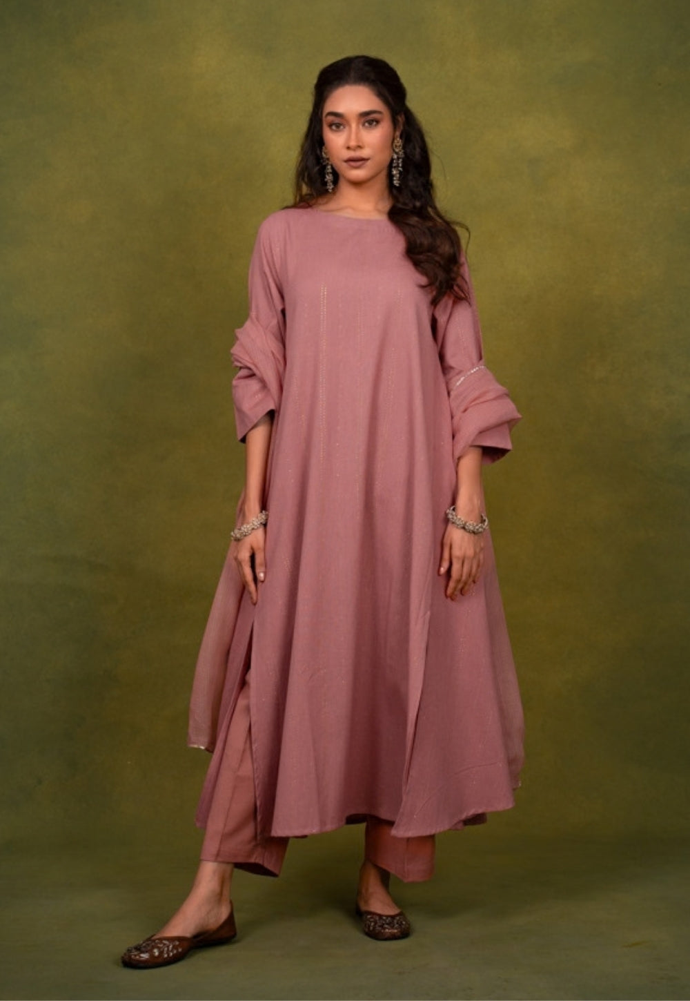 Eram Pink Rogan Handblock Printed Cotton Kali Kurta Suit Set (Set of 3)