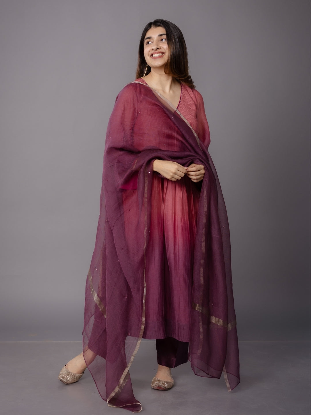 Dipti Red Ombre Chanderi Silk A Line Kurta