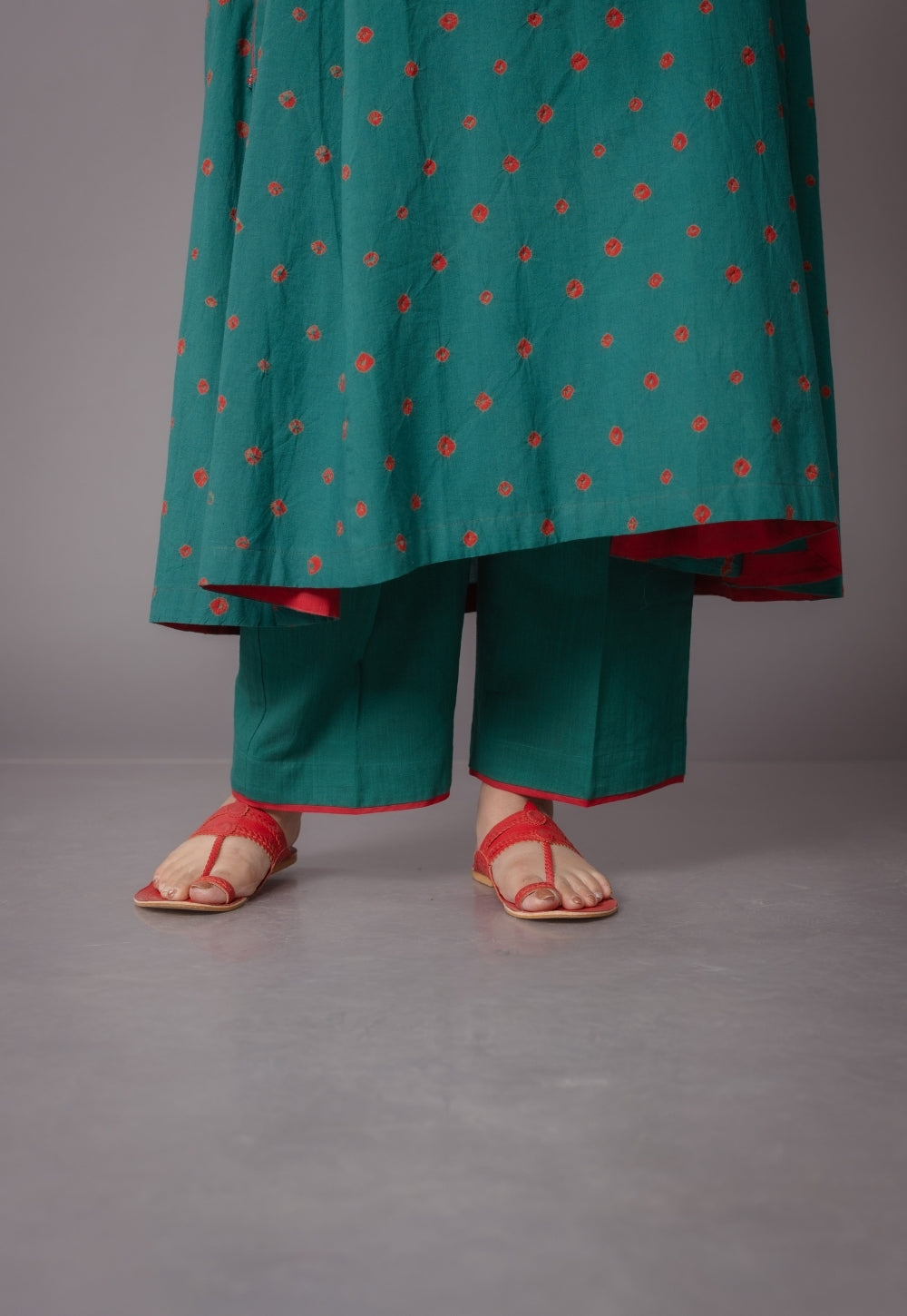 Swara Green Bandhani Cotton Kali Suit Set with Embroidery (Set of 3)