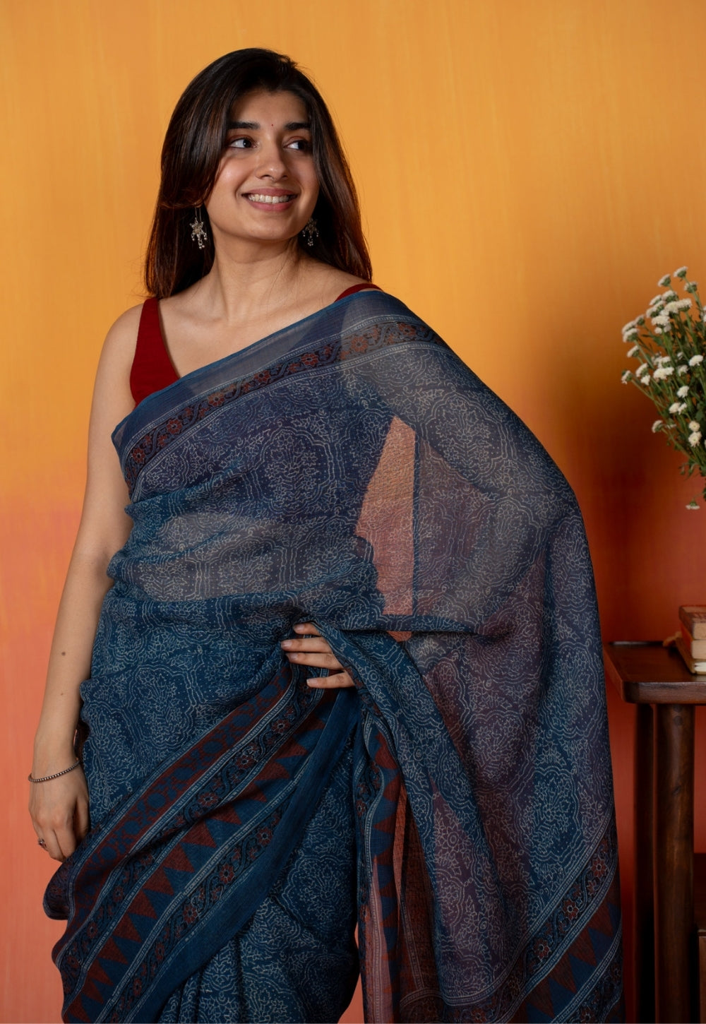 Blue Traditional Ajrakh Hand Block Print Kota Doria Cotton Saree