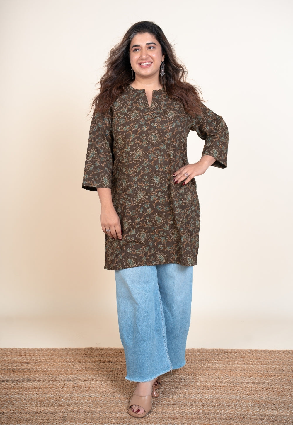 Anvi Brown Ajrakh Cotton Straight Short Top