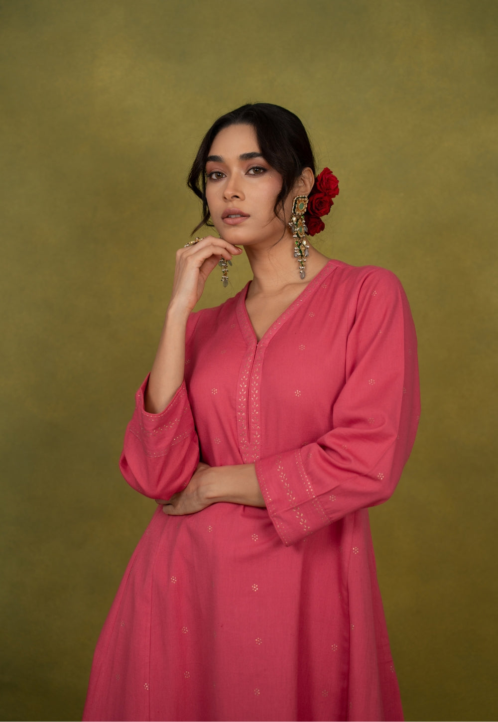 Sadia Pink Rogan Handblock Printed Cotton Kali Kurta Suit Set (Set of 3)