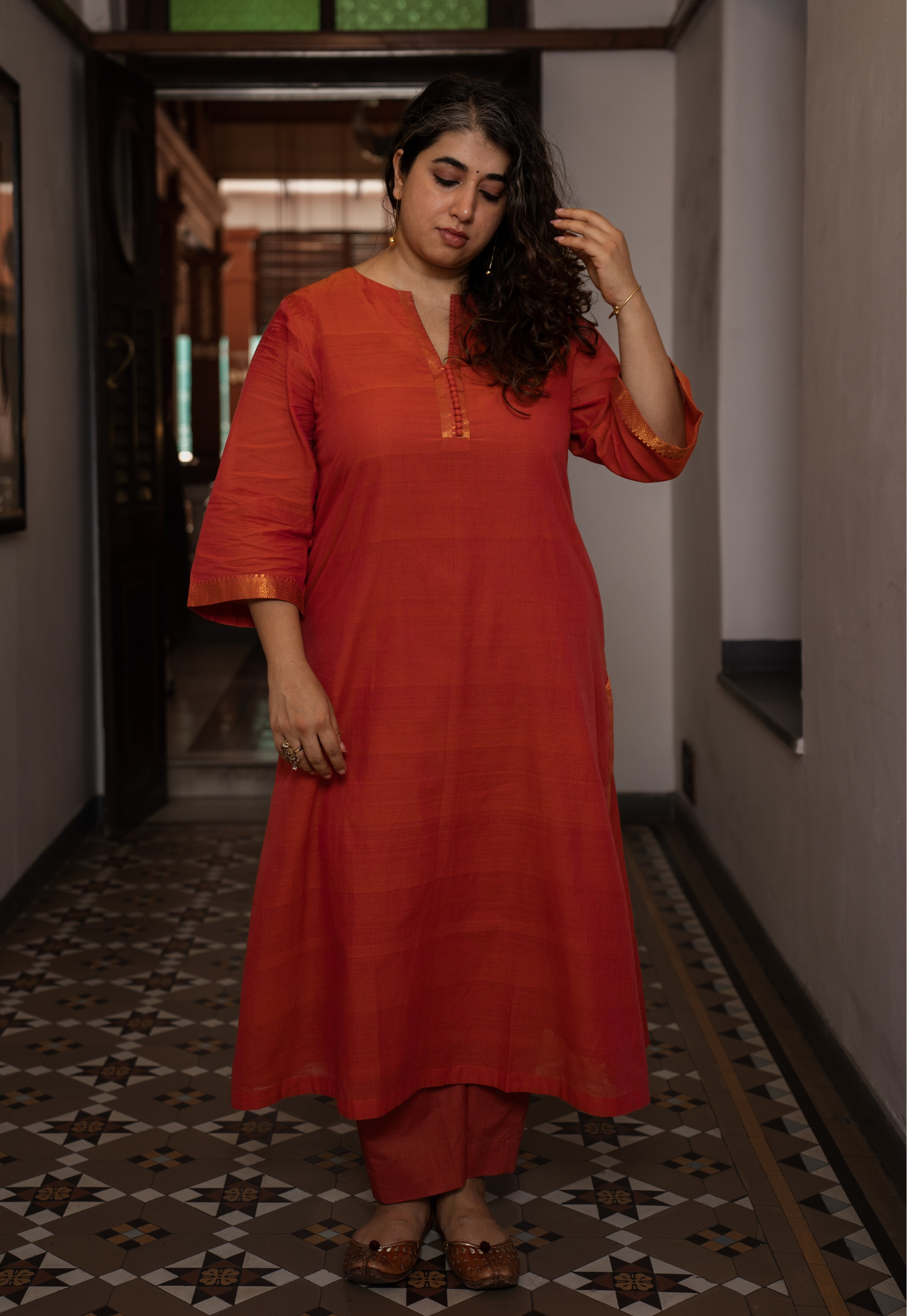 Mishka Orange Mangalgiri Cotton A Line Kurta with Nizam Border