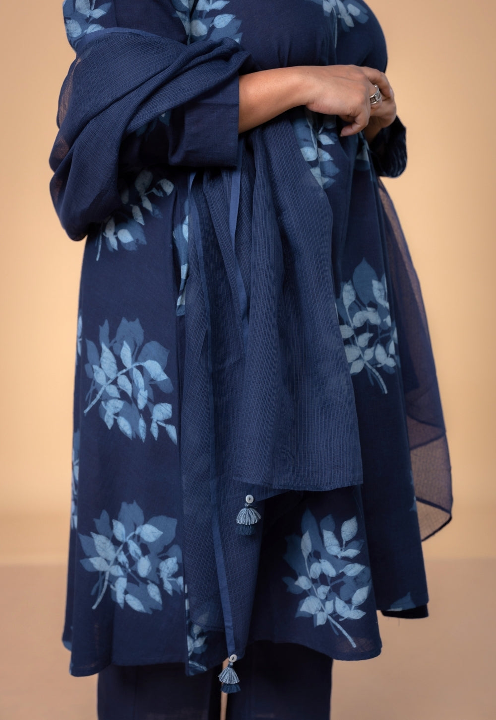 Blue Solid Kota Doria Dupatta with Tassels