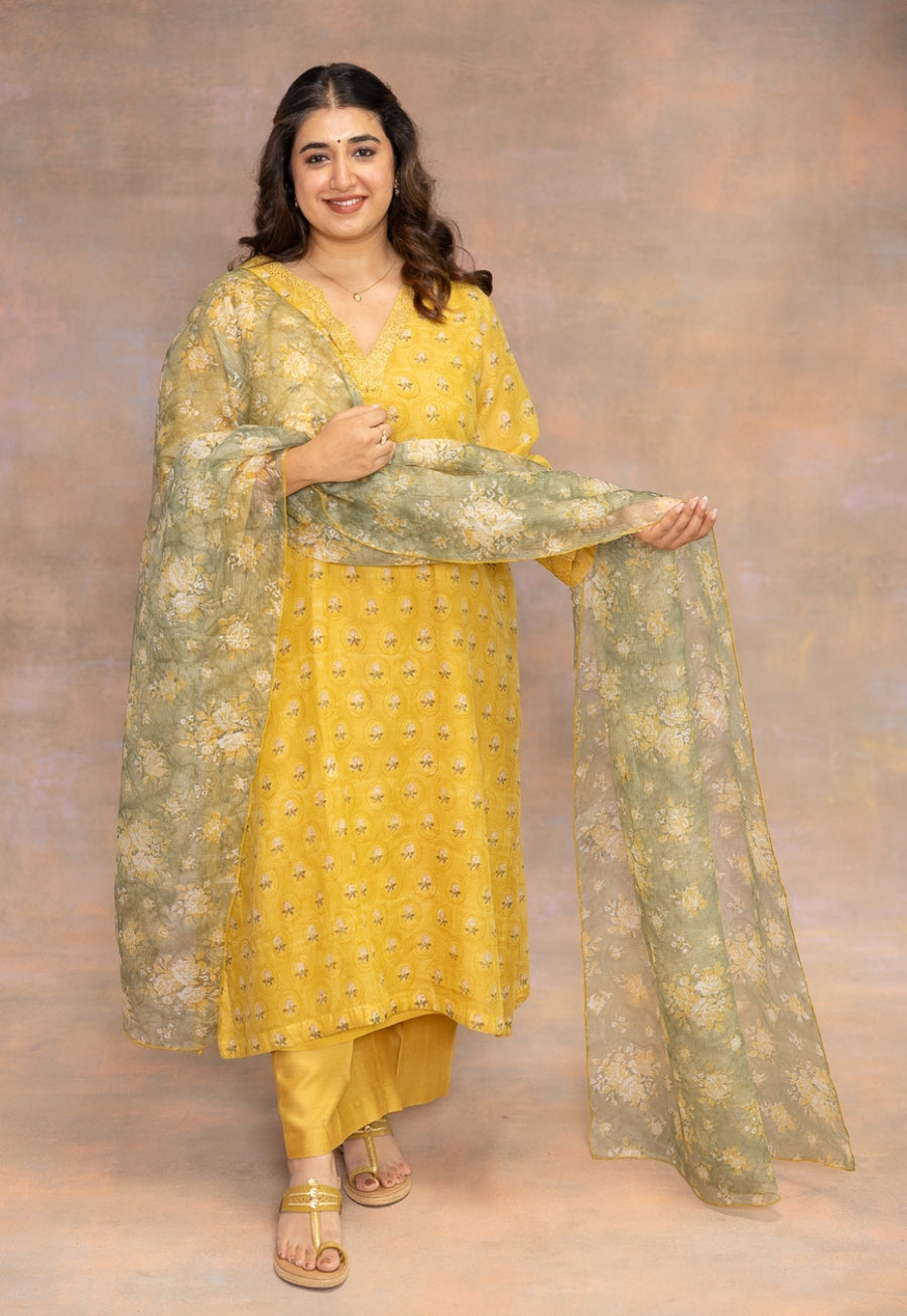 Rosa Yellow Sanganeri Chanderi Silk Straight Kurta with Pitta Embroidery
