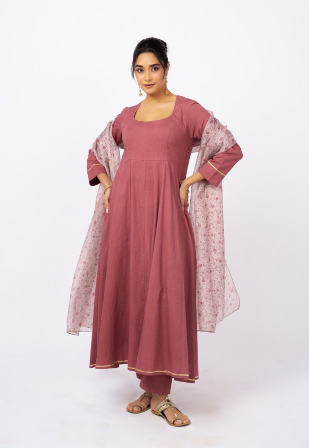 Kainat Pink Solid Cotton Kali Kurta Suit Set with Printed Dupatta (Set of 3)