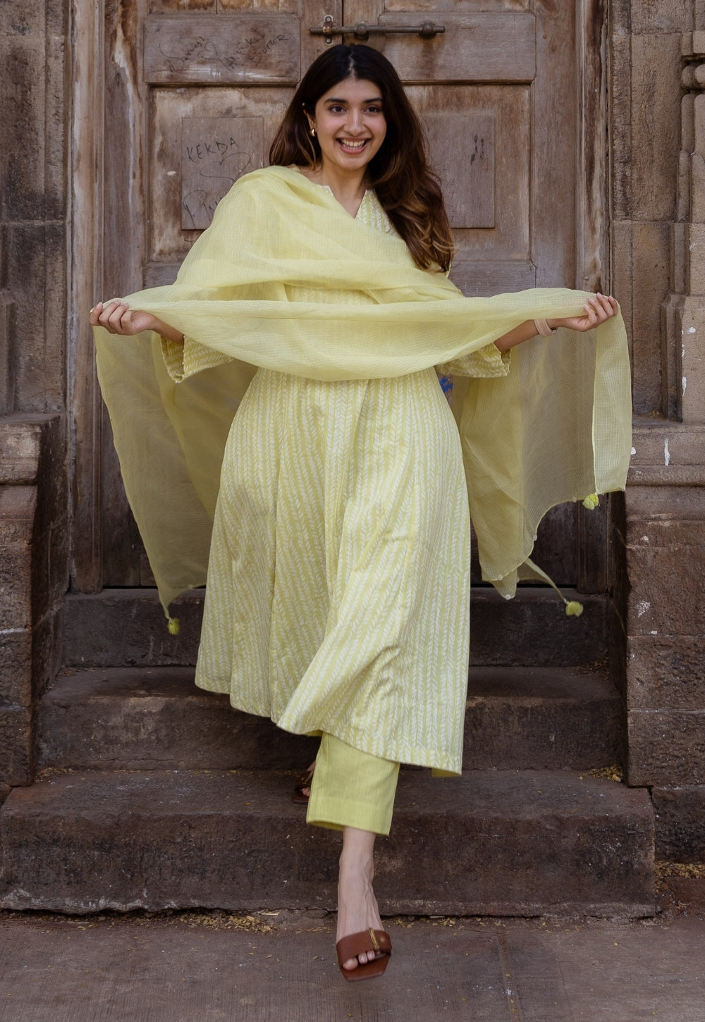 Malika Lime Green Hand Block Print Slub Cotton Kali Kurta with Hand Embroidery