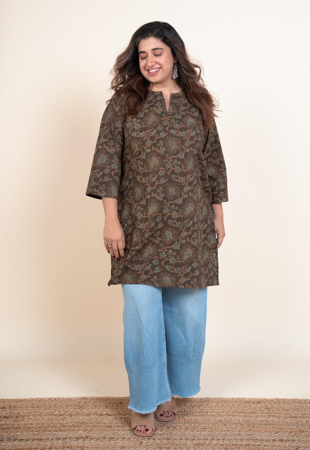 Anvi Brown Ajrakh Cotton Straight Short Top