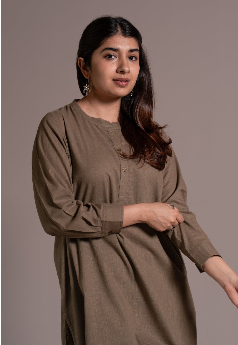 Khaki Grey Solid Slub Cotton Straight Kurta - DyeVerse